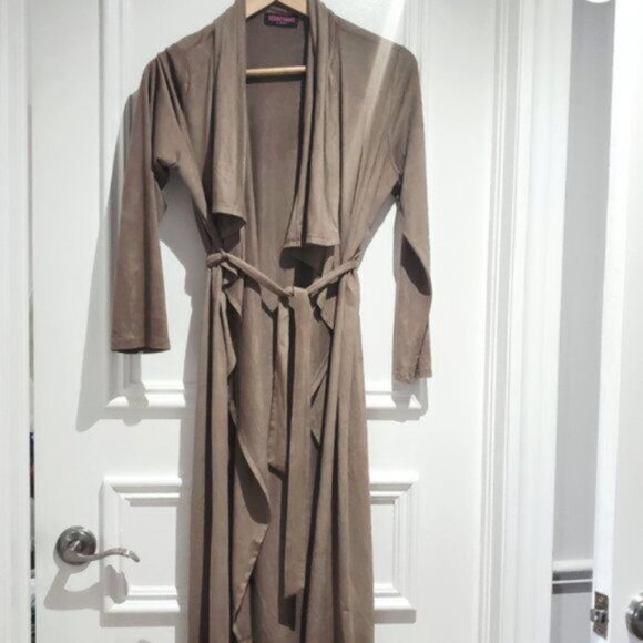 Vintage Y2K Super Soft Suedette Long Open Tie Waist Longline Trench Cardi - Picture 5 of 14